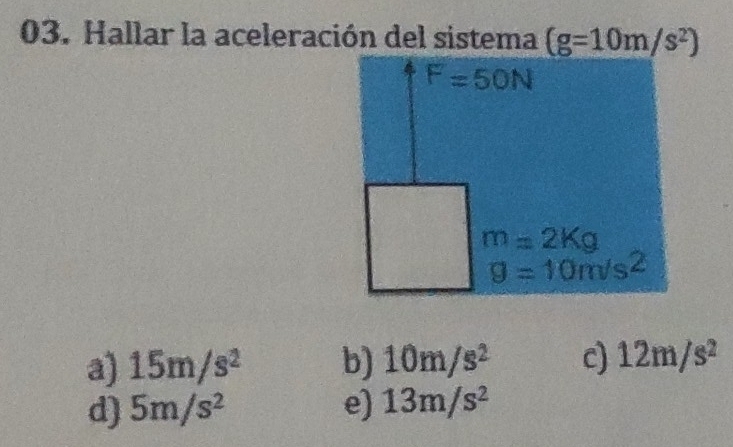 Hallar la aceleración del sistema
a) 15m/s^2 b) 10m/s^2 c) 12m/s^2
d) 5m/s^2 e) 13m/s^2