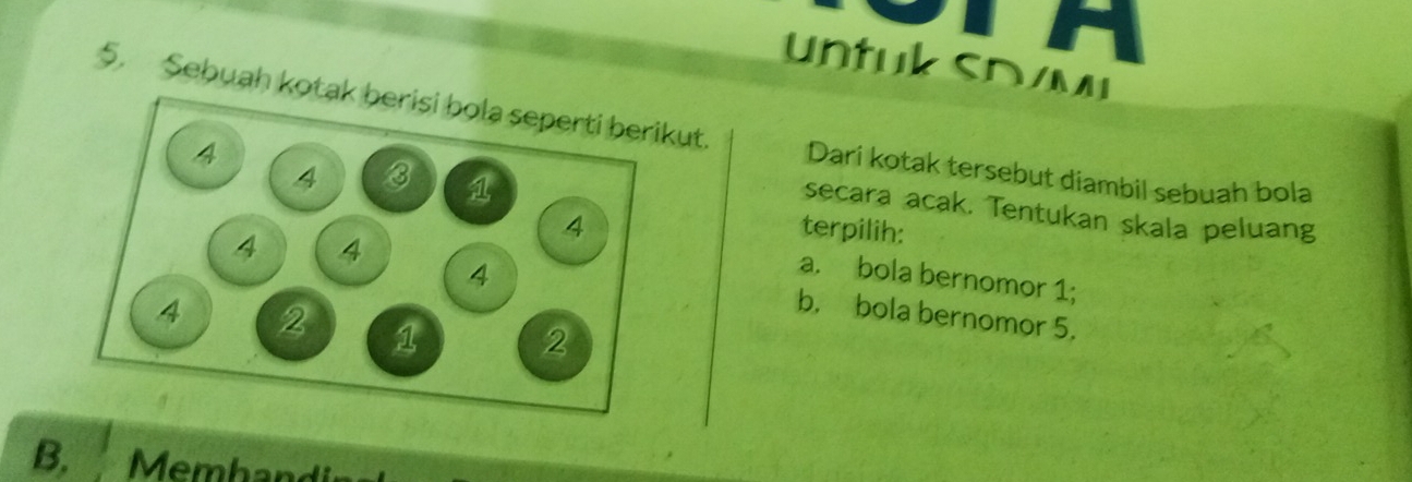 untuk SD 
5. Sebuah kotak berisi bola seperti berikut. Dari kotak tersebut diambil sebuah bola
4
4 3 1
secara acak. Tentukan skala peluang
4 terpilih:
4 4
4
a. bola bernomor 1;
b. bola bernomor 5.
4 2 1 2
B. Memhandi