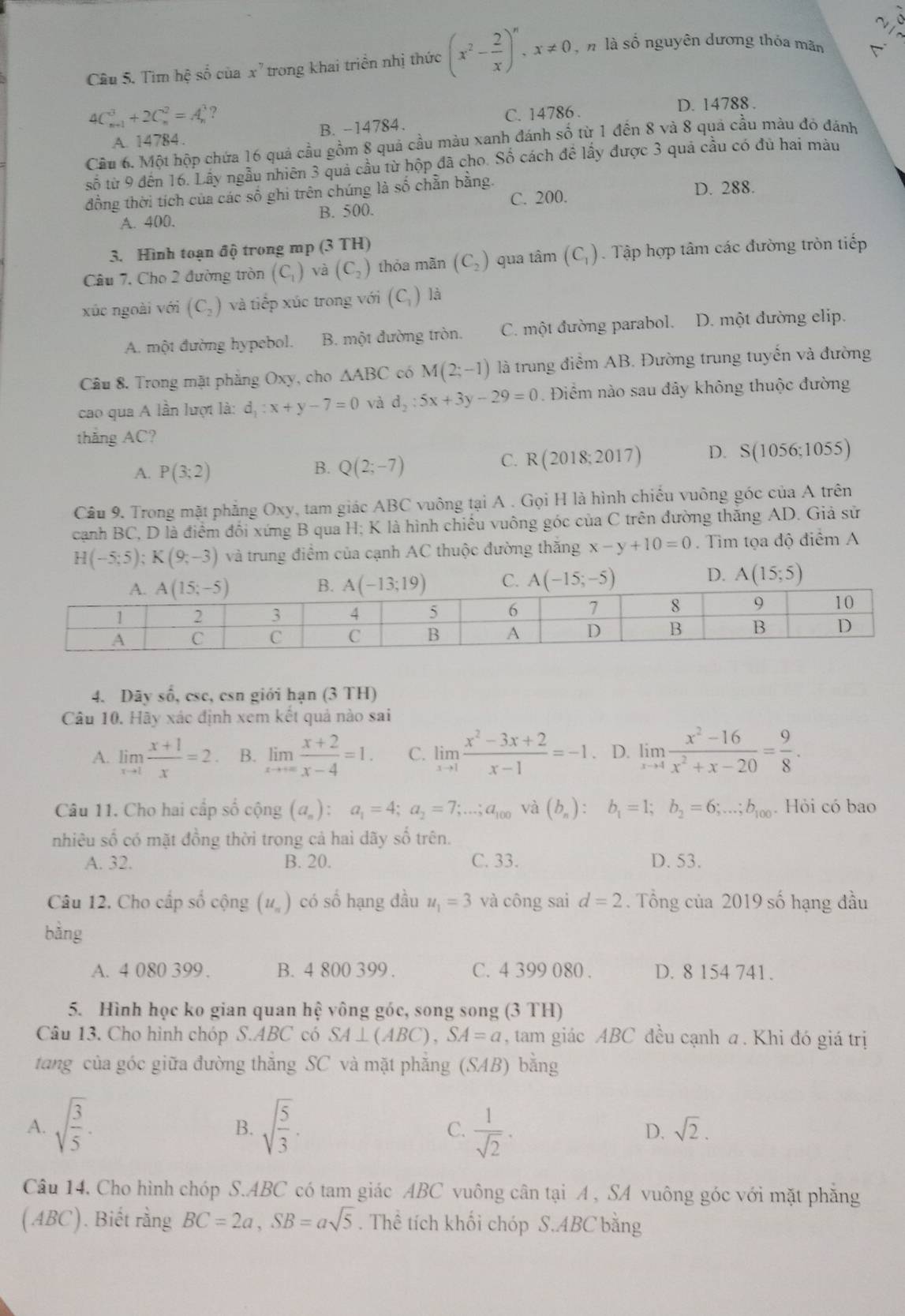 Tìm hệ số của x^7 trong khai triển nhị thức (x^2- 2/x )^n,x!= 0 , n là số nguyên dương thỏa mãn
4C_(n+1)^3+2C_n^(2=A_n^3 ? C. 14786 . D. 14788 .
A. 14784. B. -14784.
Cầu 6. Một hộp chứa 16 quả cầu gồm 8 quả cầu màu xanh đánh số từ 1 đến 8 và 8 quả cầu màu đỏ đánh
số từ 9 đến 16. Lây ngẫu nhiên 3 quả cầu từ hộp đã cho. Số cách đề lấy được 3 quả cầu có đủ hai màu
đồng thời tích của các số ghi trên chúng là số chẵn bằng. D. 288.
A. 400. B. 500. C. 200.
3. Hình toạn độ trong mp (3 TH)
Câu 7, Cho 2 đường tròn (C_1)) và (C_2) thỏa mãn (C_2) qua tâm (C_1) Tập hợp tâm các đường tròn tiếp
xúc ngoài với (C_2) và tiếp xúc trong với (C_1) là
A. một đường hypebol. B. một đường tròn. C. một đường parabol. D. một đường elip.
Câu 8. Trong mặt phẳng Oxy, cho △ ABC có M(2;-1) là trung điểm AB. Đường trung tuyến và đường
cao qua A lần lượt là: d_1:x+y-7=0 và d_2:5x+3y-29=0.  Điểm nào sau đây không thuộc đường
thắng AC?
B.
A. P(3;2) Q(2;-7)
C. R(2018;2017) D. S(1056;1055)
Câu 9. Trong mặt phẳng Oxy, tam giác ABC vuông tại A . Gọi H là hình chiếu vuông góc của A trên
cạnh BC, D là điểm đối xứng B qua H; K là hình chiếu vuông góc của C trên đường thăng AD. Giả sử
H(-5;5);K(9;-3) và trung điểm của cạnh AC thuộc đường thăng x-y+10=0. Tim tọa độ điểm A
C. A(-15;-5) D. A(15;5)
4. Dãy số, esc, esn giới hạn (3 TH)
Câu 10. Hãy xác định xem kết quả nào sai
A. limlimits _xto 1 (x+1)/x =2 B. limlimits _xto +∈fty  (x+2)/x-4 =1. C. limlimits _xto 1 (x^2-3x+2)/x-1 =-1 、 D. limlimits _xto 4 (x^2-16)/x^2+x-20 = 9/8 ·
Câu 11. Cho hai cấp số cộng (a_n):a_1=4;a_2=7;...;a_100 (b_n):b_1=1;b_2=6;...;b_100. Hỏi có bao
nhiêu số có mặt đồng thời trong cả hai dãy số trên.
A. 32. B. 20. C. 33. D. 53.
Câu 12. Cho cấp số cộng (u_n) có số hạng đầu u_1=3 và công sai d=2. Tổng của 2019 số hạng đầu
bằng
A. 4 080 399 . B. 4 800 399 . C. 4 399 080 . D. 8 154 741.
5. Hình học ko gian quan hệ vông góc, song song (3 TH)
Câu 13. Cho hình chóp S.ABC có SA⊥ (ABC),SA=a , tam giác ABC đều cạnh a. Khi đó giá trị
tang của góc giữa đường thẳng SC và mặt phẳng (SAB) bằng
B.
A. sqrt(frac 3)5· sqrt(frac 5)3. C.  1/sqrt(2) · D. sqrt(2).
Câu 14. Cho hình chóp S.ABC có tam giác ABC vuông cân tại A , SA vuông góc với mặt phăng
(ABC). Biết rằng BC=2a,SB=asqrt(5). Thể tích khối chóp S.ABC bằng