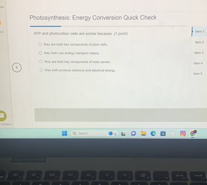 INE
Photosynthesis: Energy Conversion Quick Check
OLS ATP and photovoltaic cells are similar because (1 point) Item 1
they are both key components of plant cells. Item 2
they both use energy transport chains. Item 3
they are both key components of solar panels.
< Item 4
 they both produce chemical and electrical energy. Item 5
FEEDBACK
Search
D1
home
F F3 F4 56 F7 F prt sc F10