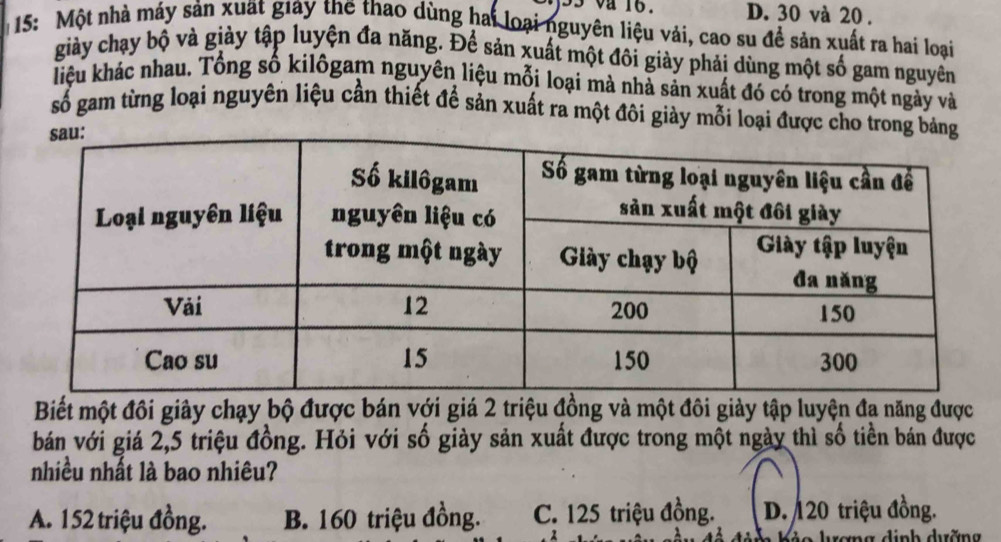 D. 30 và 20.
15: Một nhà máy sản xuất giay thể thao dùng hai loại nguyên liệu vải, cao su để sản xuất ra hai loại
giày chạy bộ và giảy tập luyện đa năng. Để sản xuất một đôi giày phải dùng một số gam nguyên
liệu khác nhau. Tổng số kilôgam nguyên liệu mỗi loại mà nhà sản xuất đó có trong một ngày và
số gam từng loại nguyên liệu cần thiết để sản xuất ra một đôi giày mỗi loại được cho trong
Biết một đôi giảy chạy bộ được bán với giá 2 triệu đồng và một đôi giảy tập luyện đa năng được
bán với giá 2, 5 triệu đồng. Hỏi với số giày sản xuất được trong một ngày thì số tiền bán được
nhiều nhất là bao nhiêu?
A. 152 triệu đồng. B. 160 triệu đồng. C. 125 triệu đồng. D. 20 triệu đồng.
rơng dịnh dờng