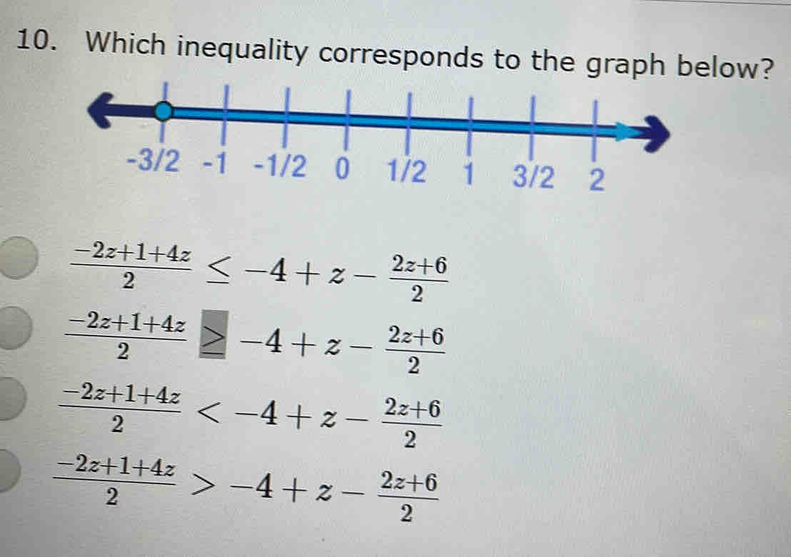 Which inequality corresponds to the graph blow?
 (-2z+1+4z)/2 ≤ -4+z- (2z+6)/2 
 (-2z+1+4z)/2 ≥ -4+z- (2z+6)/2 
 (-2z+1+4z)/2 
 (-2z+1+4z)/2 >-4+z- (2z+6)/2 