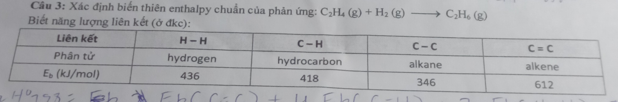 Xác định biến thiên enthalpy chuẩn của phản ứng: C_2H_4(g)+H_2(g)to C_2H_6(g)
Biết năng lượng liên kết (ở đkc