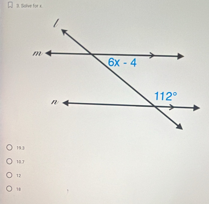 Solve for x.
19.3
10.7
12
18