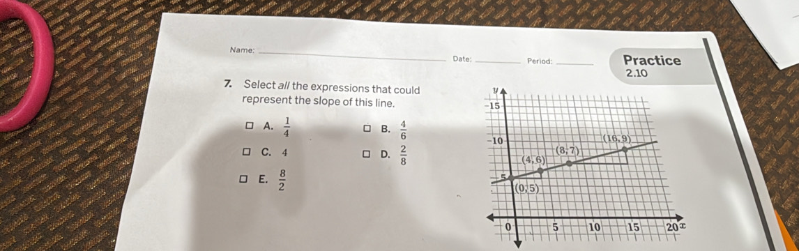 Name: _Date:_ Period: Practice
2.10
7. Select a// the expressions that could 
represent the slope of this line.
A.  1/4   4/6 
B.
C. 4 D.  2/8 
E.  8/2 