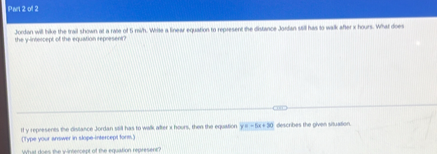 Jordan will hike the trail shown at a rate of 5 mi/h. Write a linear equation to represent the distance Jordan still has to walk after x hours. What does 
the y-intercept of the equation represent? 
If y represents the distance Jordan still has to walk after x hours, then the equation y=-5x+30 describes the given situation. 
(Type your answer in slope-intercept form.) 
What does the v -intercept of the equation represent?