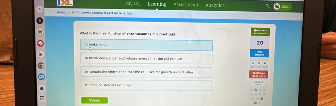 Solved: My IXL Learning Assessment Analytics JULIO Biology ) ★ D. 1 ...