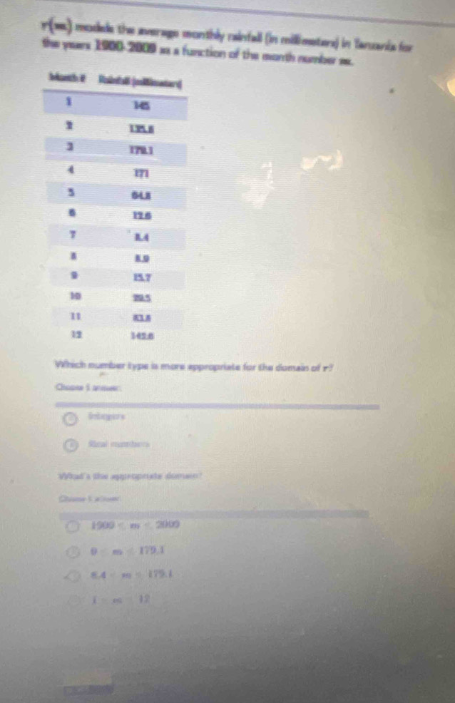 r(m) ) modede the average monthly rainfall (in millimaters) in Taruania for
the years 1900-2009 ss a function of the month number ss.
Which number type is more appropriate for the domain of r?
Chopse S anower.
Integers
Rcal numberrs
Whad's the agpeoprate domon?
Chime 5 alse
1900
0
5.4-m=179.1
x=∈fty 32