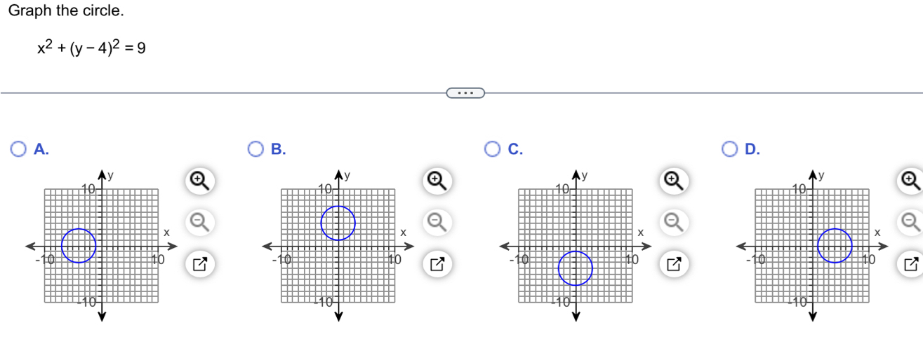 Graph the circle.
x^2+(y-4)^2=9
A. 
B. 
C. 
D.