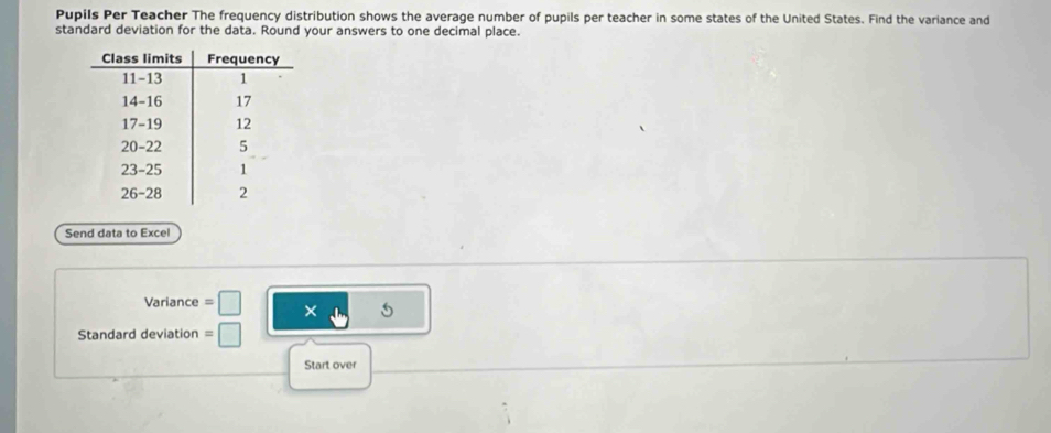 Pupils Per Teacher The frequency distribution shows the average number of pupils per teacher in some states of the United States. Find the variance and 
standard deviation for the data. Round your answers to one decimal place. 
Send data to Excel 
Variance =□ frac  X _ b 5
Standard deviation =□
Start over