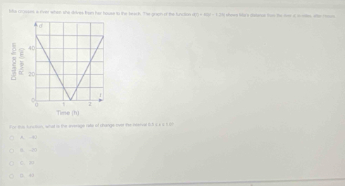 Mia crosses a river when she drives from her house to the beach. The graph of the function d(t)=40t-125 shows Ma's dislance trom the over it, in milles, after I hours.
For this function, what is the average rate of change over the interval 0.5 s x s 1.07
A. -10
B. 20
C. 20
D. 40