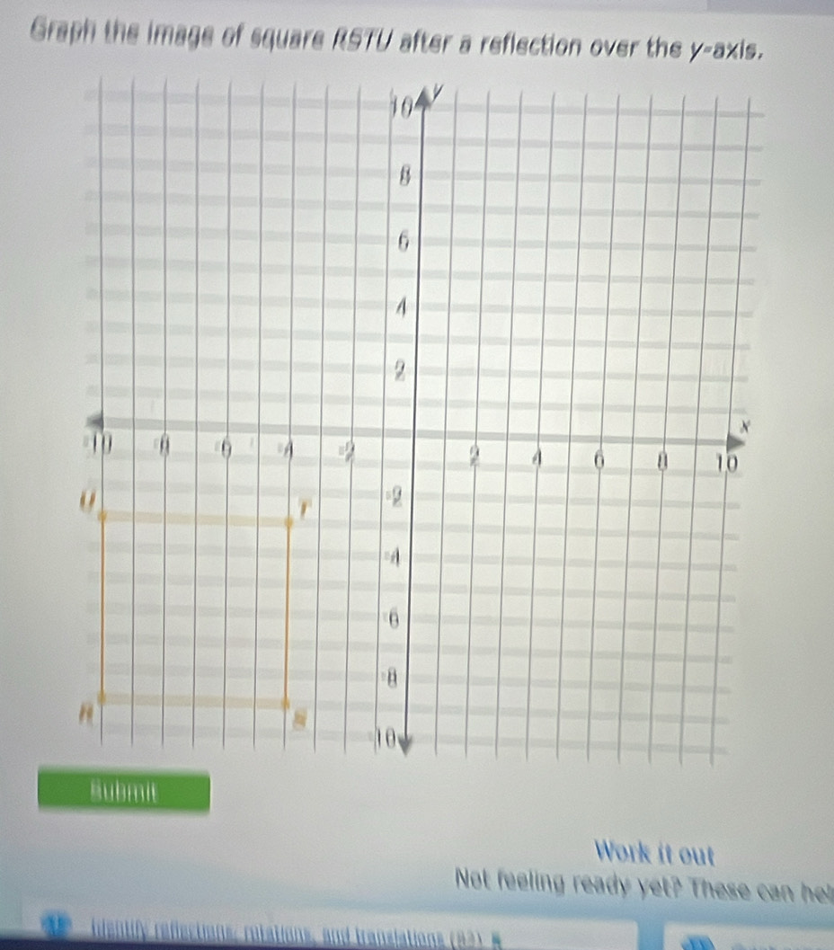 Graph the image of square RSTU after a reflection over the
Work it out
Not feeling ready  yet? These c h
identify reffections; rotations, and transiations (82) #