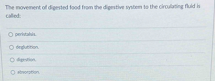 The movement of digested food from the digestive system to the circulating fluid is
called:
peristalsis.
deglutition.
digestion.
absorption.