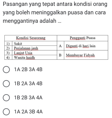 Pasangan yang tepat antara kondisi orang
yang boleh meninggalkan puasa dan cara
menggantinya adalah ...
1A 2B 3A 4B
1B 2A 3A 4B
1B 2B 3A 4A
1A 2A 3B 4A