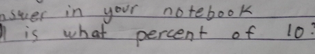 aswer in your notebook 
is what percent of 10 :