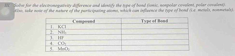 Solve for the electronegativity difference and identify the type of bond (ionic, nonpolar covalent, polar covalent).
Also, take note of the nature of the participating atoms, which can influence the type of bond (i.e. metals, nonmetals).