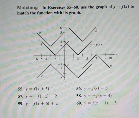 Matching In Exercises 55-60, use the graph of y=f(x) to
match the function with its graph.
55. y=f(x+5) 56. y=f(x)-5
57. y=-f(-x)-2 58. y=-f(x-4)
59. y=f(x+6)+2 60. y=f(x-1)+3