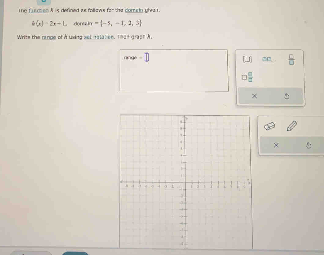 The function h is defined as follows for the domain given.
h(x)=2x+1 ， domain = -5,-1,2,3
Write the range of h using set notation. Then graph h. 
range =□ □,□...  □ /□  
□  □ /□  
× 
×