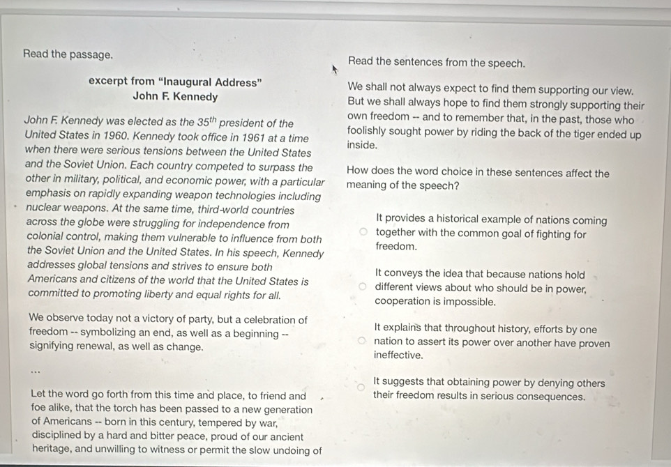 Solved: Read the passage. Read the sentences from the speech. excerpt ...