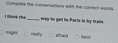 Complete the conversations with the correct words. 
I think the_ way to get to Paris is by train. 
might really afraid best