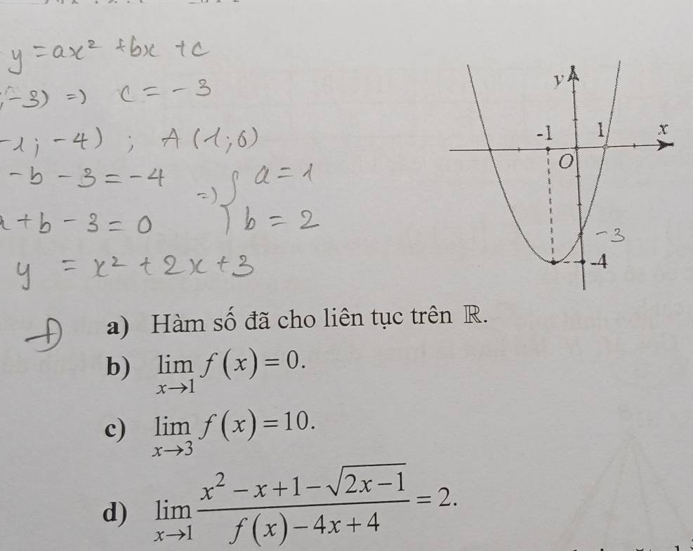 Hàm số đã cho liên tục trên R.
b) limlimits _xto 1f(x)=0. 
c) limlimits _xto 3f(x)=10. 
d) limlimits _xto 1 (x^2-x+1-sqrt(2x-1))/f(x)-4x+4 =2.