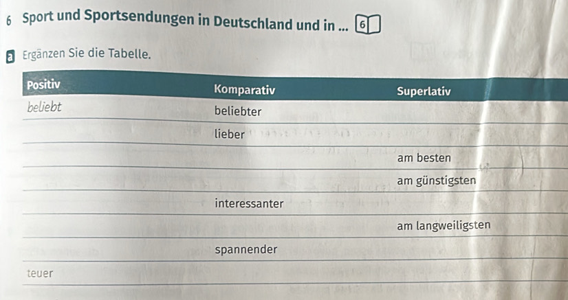 Sport und Sportsendungen in Deutschland und in ... ⑥6 
E Ergänzen Sie die Tabelle.