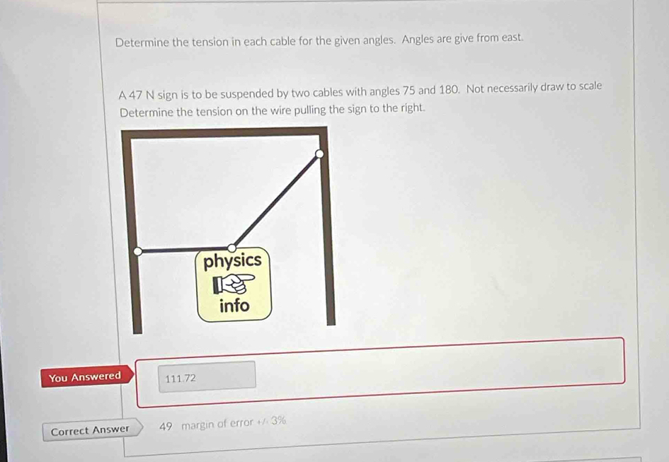 Determine the tension in each cable for the given angles. Angles are give from east. 
A 47 N sign is to be suspended by two cables with angles 75 and 180. Not necessarily draw to scale 
Determine the tension on the wire pulling the sign to the right. 
You Answered 111.72
Correct Answer 49 margin of error + 3%