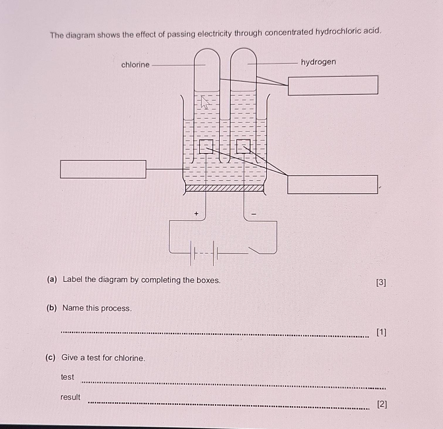 The diagram shows the effect of passing electricity through concentrated hydrochloric acid. 
(a) Label the diagram by completing the boxes. [3] 
(b) Name this process. 
_[1] 
(c) Give a test for chlorine. 
_ 
test 
result _[2]