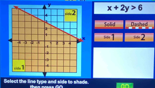 x+2y>6
Solid Dashed
Side Side 2.
then press GO