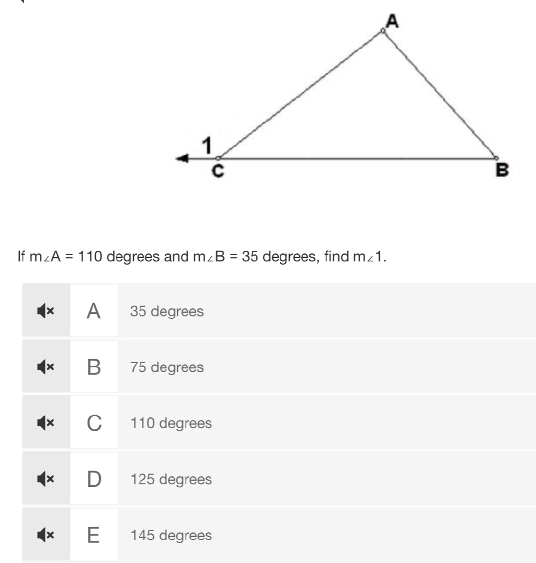 Solved: If m∠ A=110 degrees and m∠ B=35 degrees, find m∠ 1. [Math]