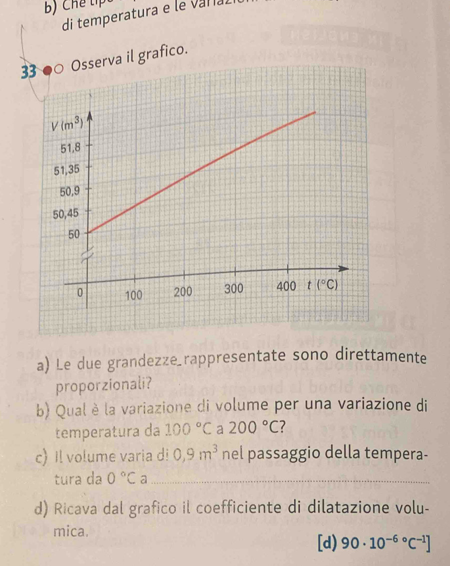 Chế líp
di temperatura e le varíal
3a il grafico.
a) Le due grandezze_rappresentate sono direttamente
proporzionali?
b) Qual è la variazione di volume per una variazione di
temperatura da 100°C a 200°C 7
c) Il volume varia di 0,9m^3 nel passaggio della tempera-
tura da 0°C a_
d) Ricava dal grafico il coefficiente di dilatazione volu-
mica. [d) 90· 10^((-6)°C^-1)]