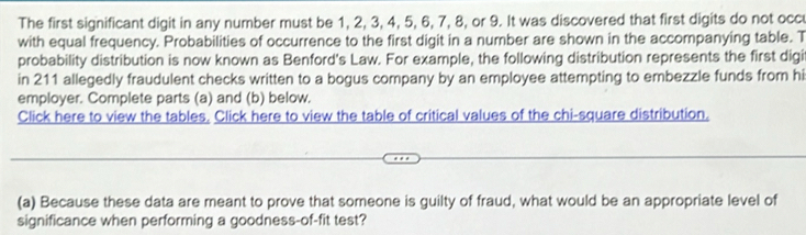 The first significant digit in any number must be 1, 2, 3, 4, 5, 6, 7, 8, or 9. It was discovered that first digits do not occe 
with equal frequency. Probabilities of occurrence to the first digit in a number are shown in the accompanying table. T 
probability distribution is now known as Benford's Law. For example, the following distribution represents the first digit 
in 211 allegedly fraudulent checks written to a bogus company by an employee attempting to embezzle funds from hi 
employer. Complete parts (a) and (b) below. 
Click here to view the tables. Click here to view the table of critical values of the chi-square distribution. 
(a) Because these data are meant to prove that someone is guilty of fraud, what would be an appropriate level of 
significance when performing a goodness-of-fit test?