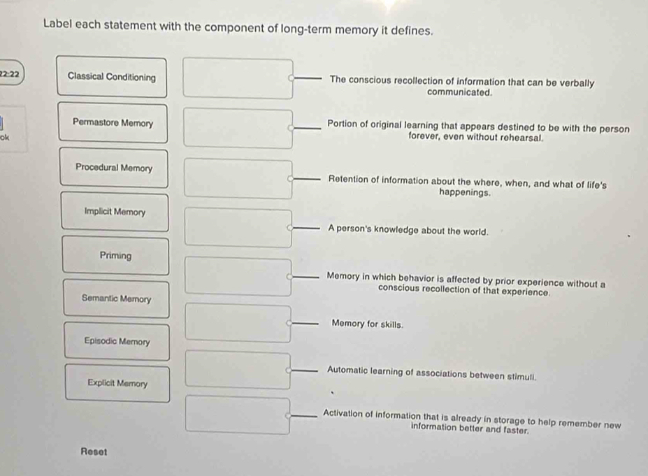 Label each statement with the component of long-term memory it defines.
22:22 Classical Conditioning The conscious recollection of information that can be verbally 
communicated. 
Permastore Memory _Portion of original learning that appears destined to be with the person 
ok forever, even without rehearsal. 
Procedural Memory _Retention of information about the where, when, and what of life's 
C 
happenings. 
Implicit Memory 
_A person's knowledge about the world. 
Priming 
_Memory in which behavior is affected by prior experience without a 
conscious recollection of that experience. 
Semantic Memory 
C _Memory for skills. 
Episodic Memory 
C _Automatic learning of associations between stimuli. 
Explicit Memory 
_Activation of information that is already in storage to help remember new 
information better and faster. 
Reset