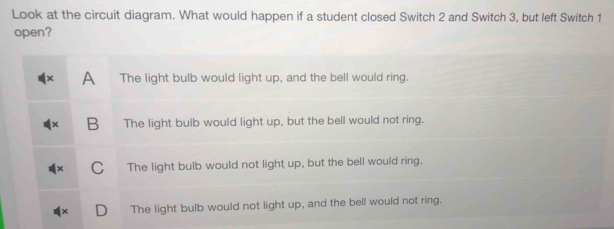 Look at the circuit diagram. What would happen if a student closed Switch 2 and Switch 3, but left Switch 1
open?