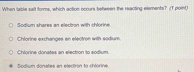 When table salt forms, which action occurs between the reacting elements? (1 point)
Sodium shares an electron with chlorine.
Chlorine exchanges an electron with sodium.
Chlorine donates an electron to sodium.
Sodium donates an electron to chlorine.