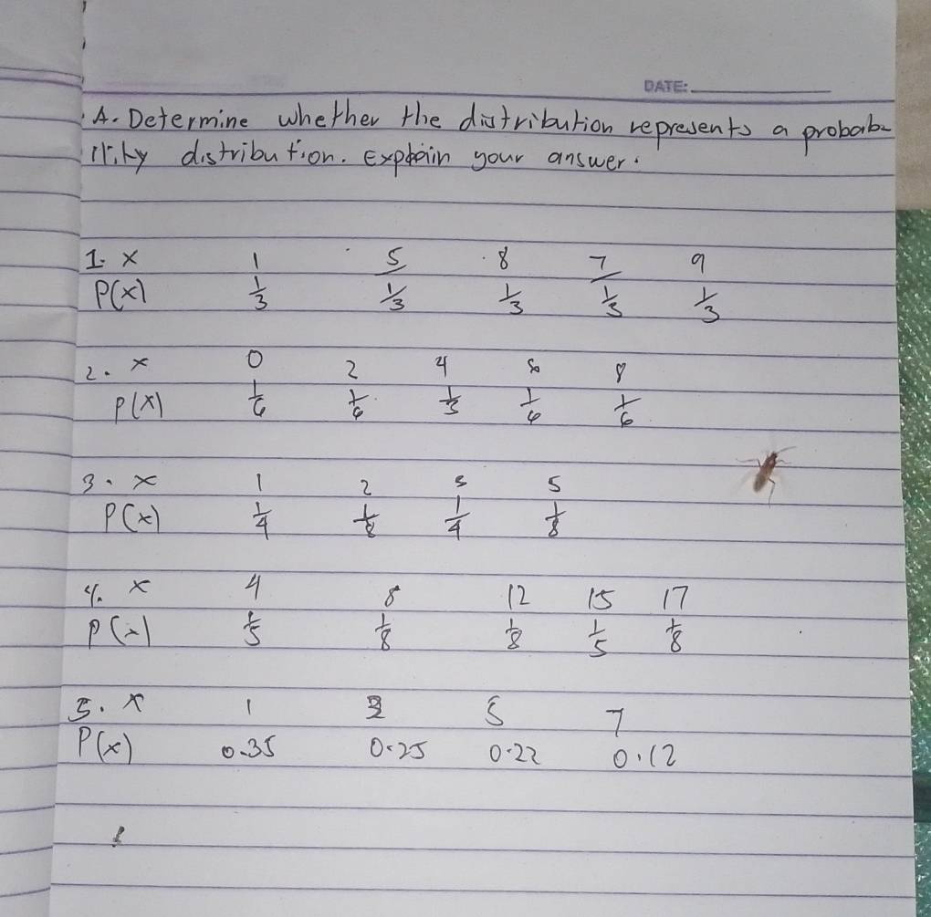 Determine whether the distribution represents a probab.
I ky distribution. Explain your answer.
1. X 1 8 frac 7 9
P(x)
 1/3 
 5/1/3   1/3   1/3   1/3 
0
2. x 4 xi _0
p(x)  1/6  beginarrayr 2  1/6 endarray
 1/3   1/6   1/6 
3、 x
P(x)  1/4  beginarrayr 2  1/8 endarray beginarrayr 5 frac 3 beginarrayr 5  1/8 endarray
9. x 4 12 15 17
8°
p(x)  1/5 
 1/8 
 1/8   1/5   1/8 
5. 1
S 7
P(x) 0.35 0-25 0:22 0.(2