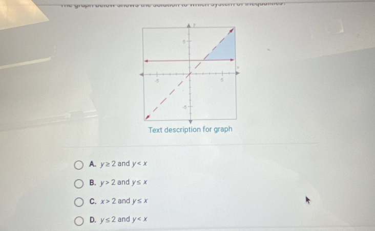 A. y≥ 2 and y
B. y>2 and y≤ x
C. x>2 and y≤ x
D. y≤ 2 and y