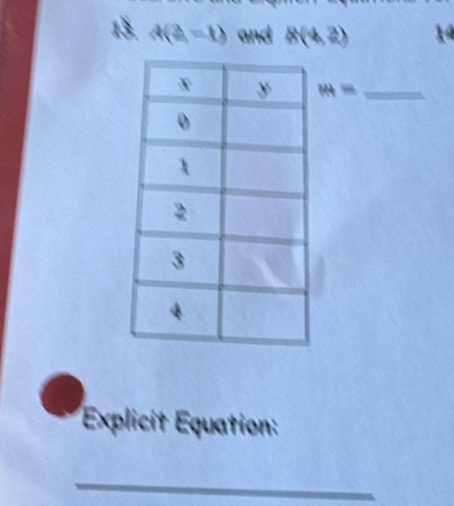 4(2,-1) and 8(4,2) 14
M= _ 
Explicit Equation: 
_