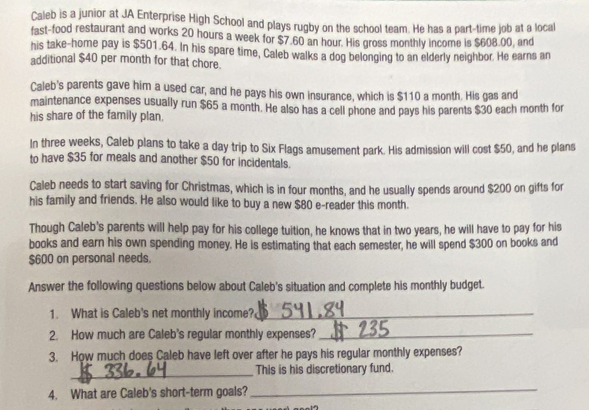 Solved: Caleb is a junior at JA Enterprise High School and plays rugby ...