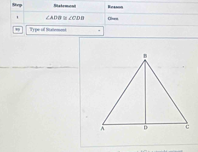 Step Statement Reason 
1 ∠ ADB≌ ∠ CDB Given 
try Type of Statement