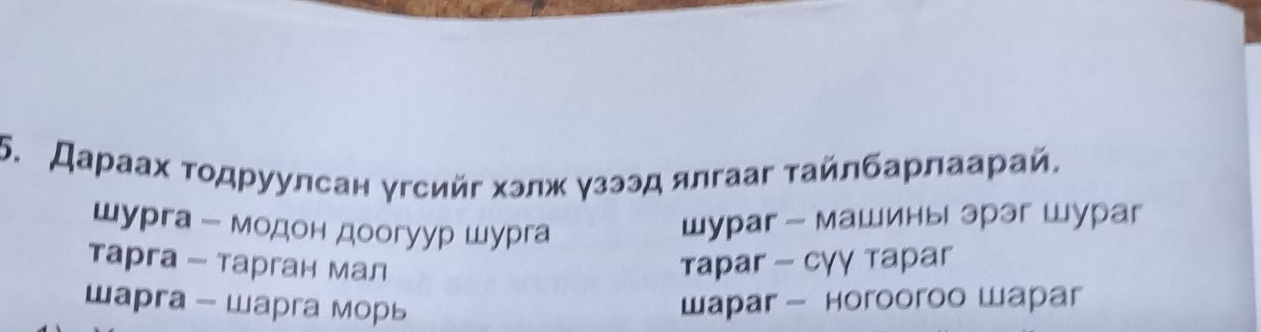 Дараах τοдруулсан γгсийг хэлж γзээд ялгааг тайлбарлаарай.
шурга - модон доогуур шурга
шураr - машины эрэг Шураr
тарга - тарган мал таpаr - Cγγ тарar
wарга - Шарга морь шарar - Horooroo Шарar