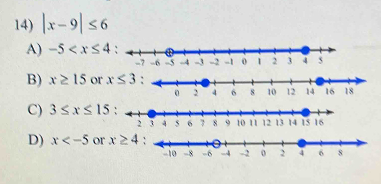 |x-9|≤ 6
A) -5
B) x≥ 15 or x≤ 3
C) 3≤ x≤ 15
D) x or