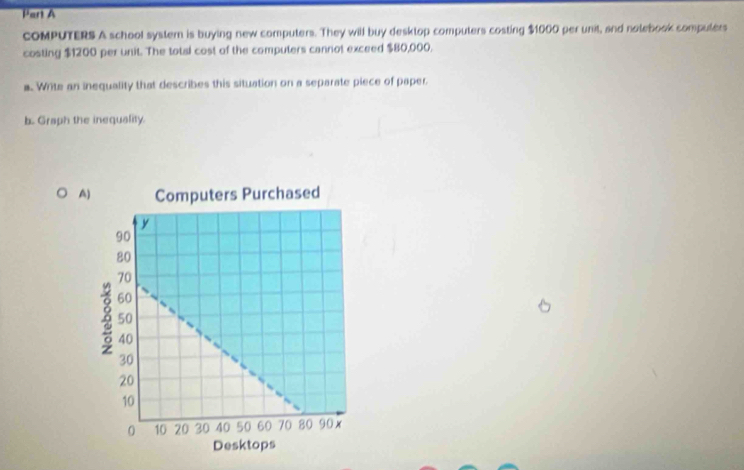 COMPUTERS A school syster is buying new computers. They will buy desktop computers costing $1000 per unit, and notebook computers 
costing $1200 per unit. The total cost of the computers cannot exceed $80,000. 
. Write an inequality that describes this situation on a separate piece of paper. 
b. Graph the inequality. 
A