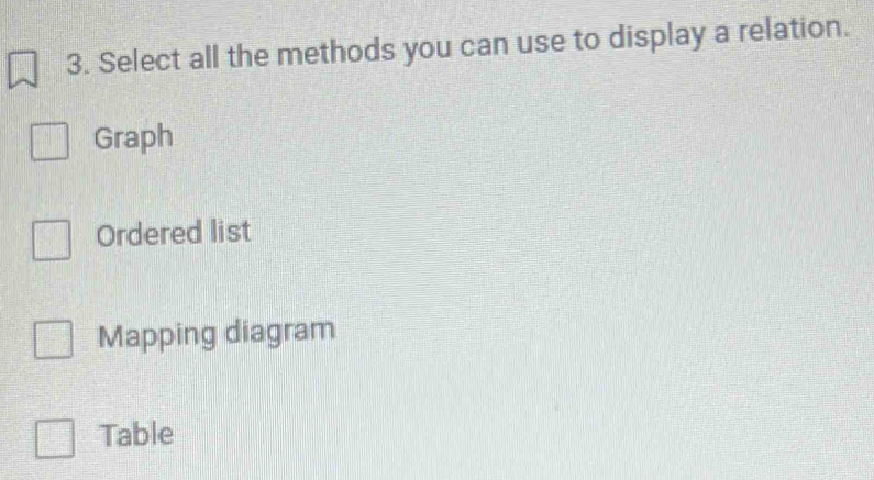 Select all the methods you can use to display a relation.
Graph
Ordered list
Mapping diagram
Table