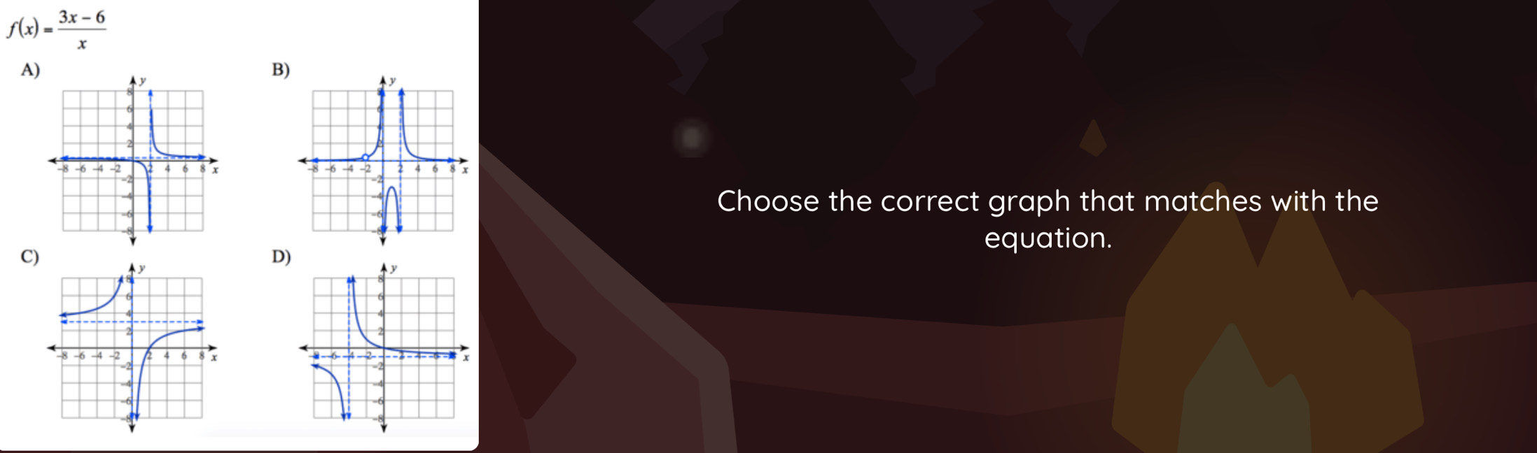 f(x)= (3x-6)/x 
A) 
B) 

Choose the correct graph that matches with the 
equation. 
C) 
D)