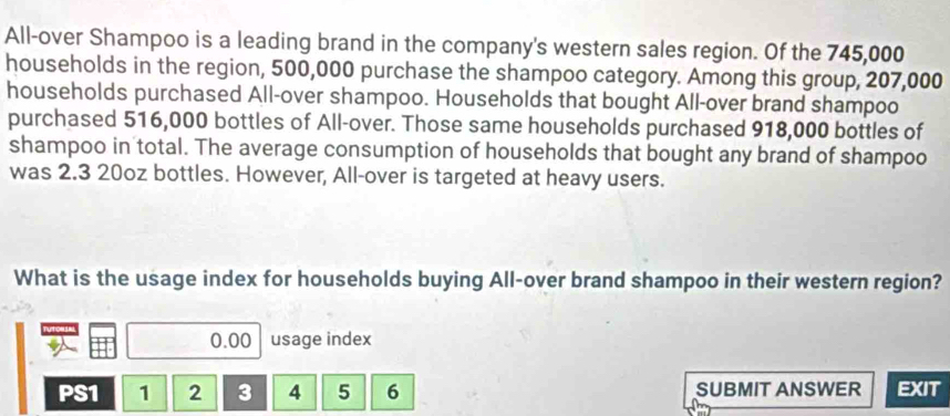 All-over Shampoo is a leading brand in the company's western sales region. Of the 745,000
households in the region, 500,000 purchase the shampoo category. Among this group, 207,000
households purchased All-over shampoo. Households that bought All-over brand shampoo 
purchased 516,000 bottles of All-over. Those same households purchased 918,000 bottles of 
shampoo in total. The average consumption of households that bought any brand of shampoo 
was 2.3 20oz bottles. However, All-over is targeted at heavy users. 
What is the usage index for households buying All-over brand shampoo in their western region?
0.00 usage index 
PS1 1 2 3 4 5 6 SUBMIT ANSWER EXIT