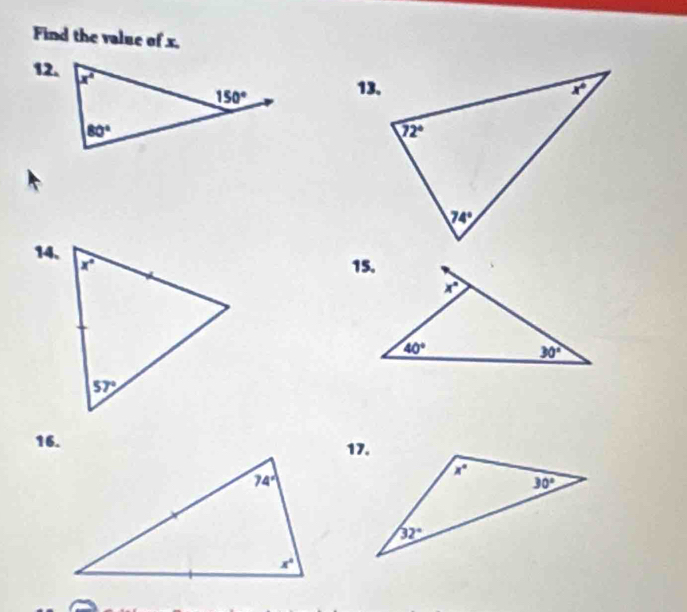 Find the value of x.
12.
13.
14、
16.17.