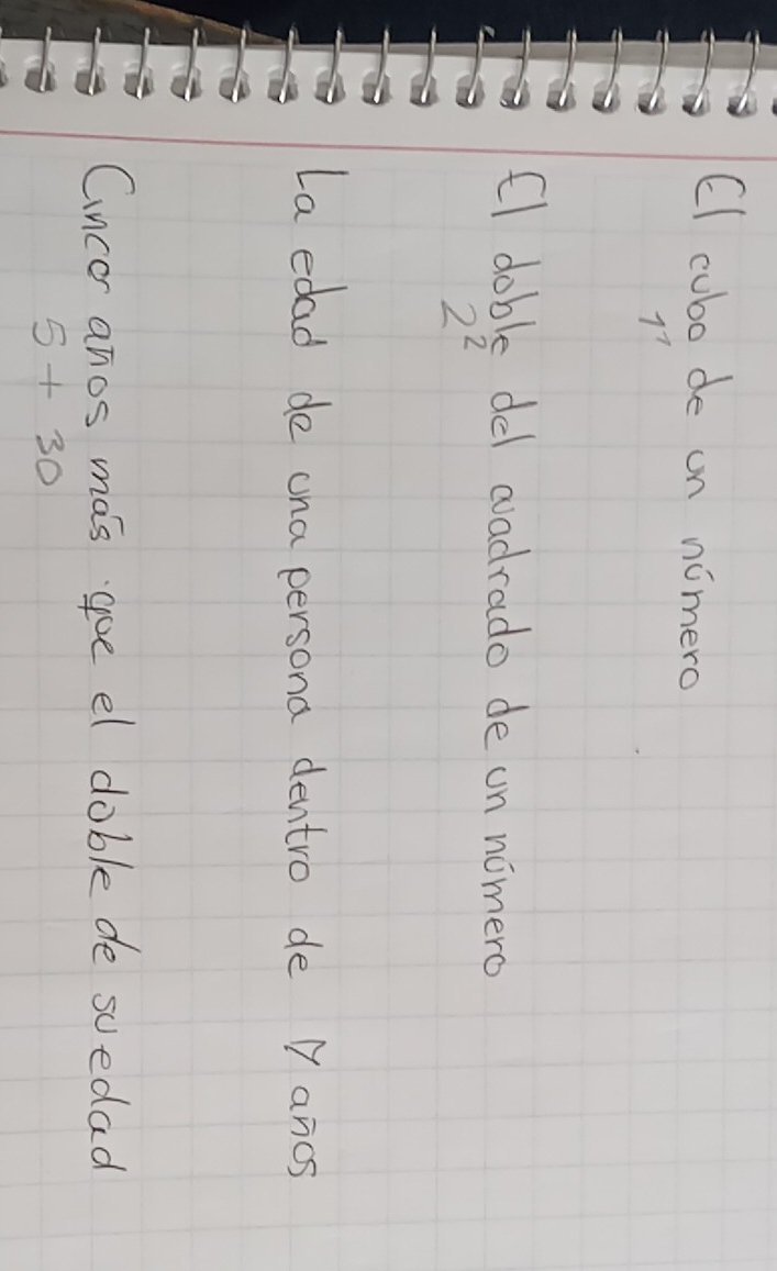 CI cubo de on nomero
1^1
(l doble del aadrado de un nomero
2^2
La edad do ona persona dentro de Y ancs 
Cnce anos mas goe el dable de suedad
5+30