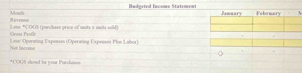 Budgeted Income Statement 
Month M 
Revenue 
Less: *COGS (purchase price of units x units sold) 
Gross Profit 
Less: Operating Expenses (Operating Expenses Plus Labor) 
Net Income 
'COGS shoud be your Purchases