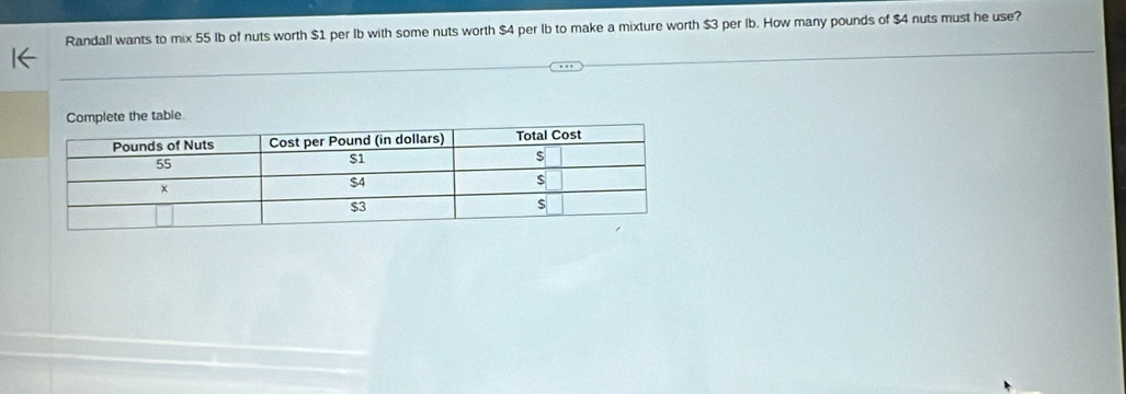 Randall wants to mix 55 Ib of nuts worth $1 per Ib with some nuts worth $4 per Ib to make a mixture worth $3 per Ib. How many pounds of $4 nuts must he use? 
table.